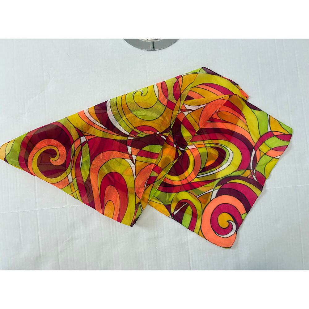 Marci Cara Scarf Colorful 70's Design Mod Swirl Chiffon Nylon Crepe 44" x 12.5" - Picture 4 of 4